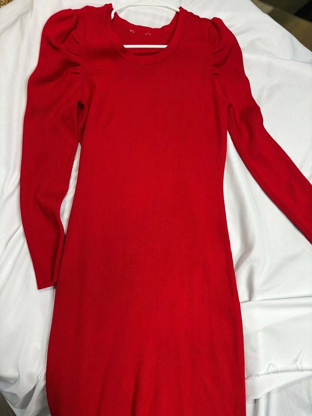No Boundaries Women's Red Ribbed Knit Puff Long Sleeve Bodycon Sweater Dress